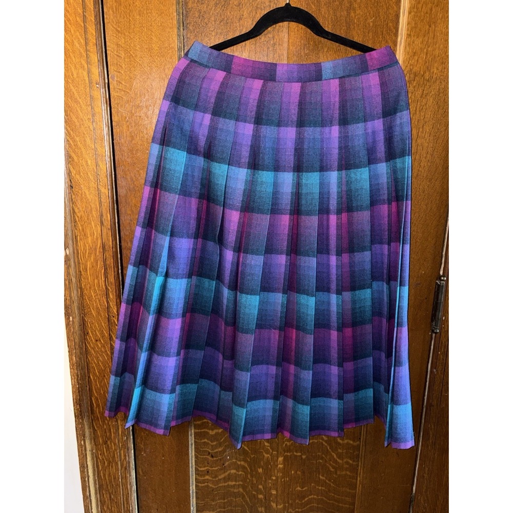 Vtg Pendleton Wool Skirt Size 14 Pink Aqua Plaid Pleated Midi 32" Waist Classic